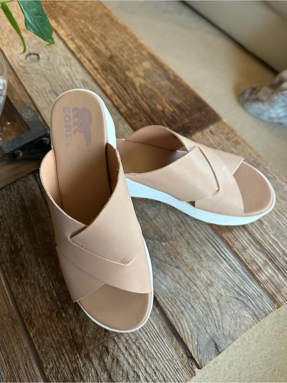 Sorel Women’s Beige Cross‑Strap Wedge Slides
